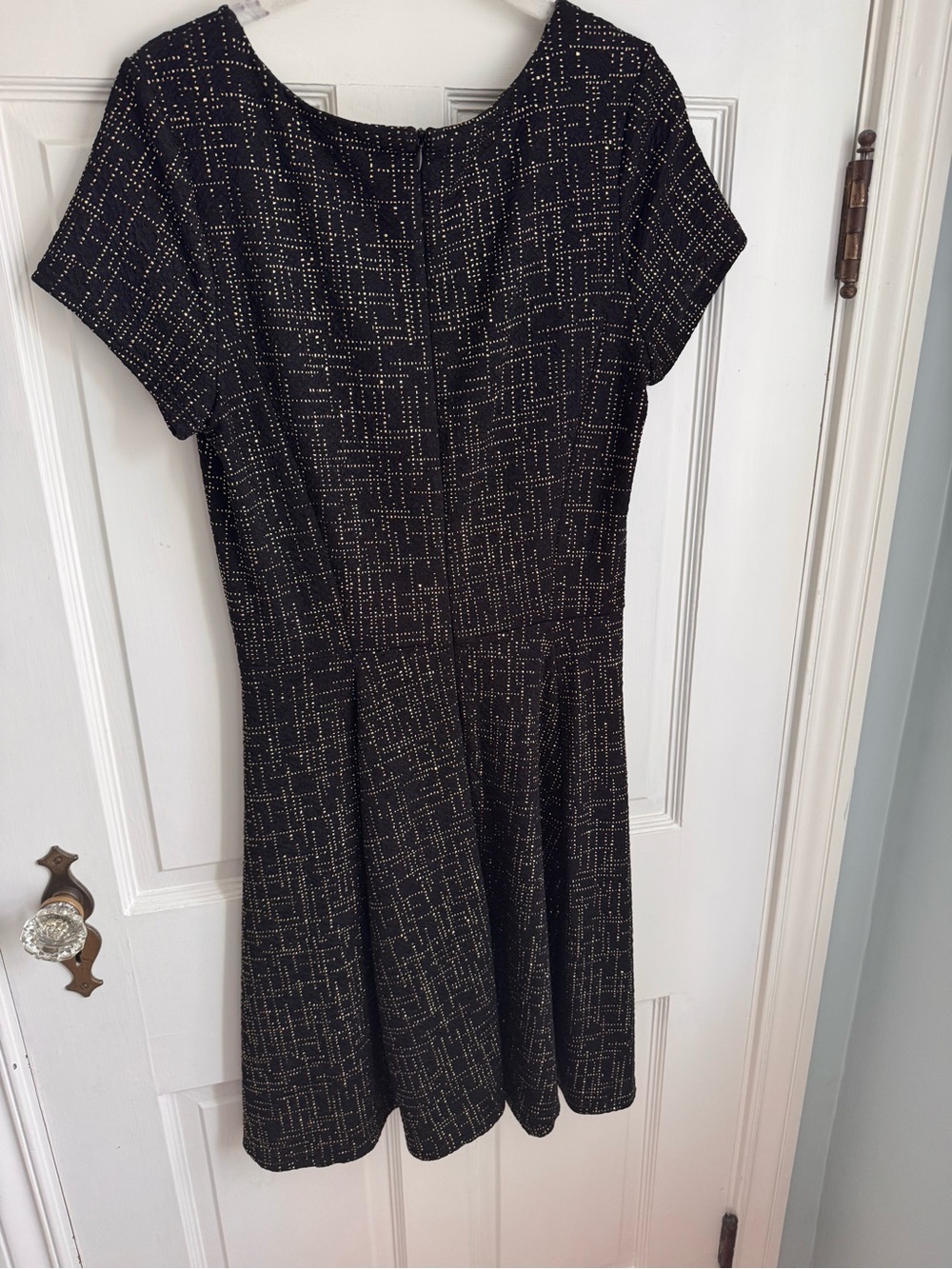Black Short-Sleeve A-Line Dress with Metallic Grid Detail